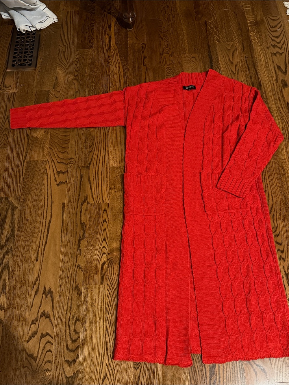 Spring 21 Bright Red Longline Open Knit cable knit Cardigan with Pockets medium - Picture 8 of 11